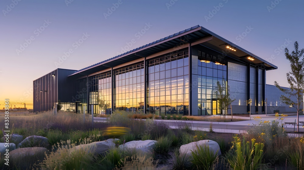 Exterior of a modern industrial building with sleek design and durable materials Exterior of a modern industrial building with sleek design and durable materials