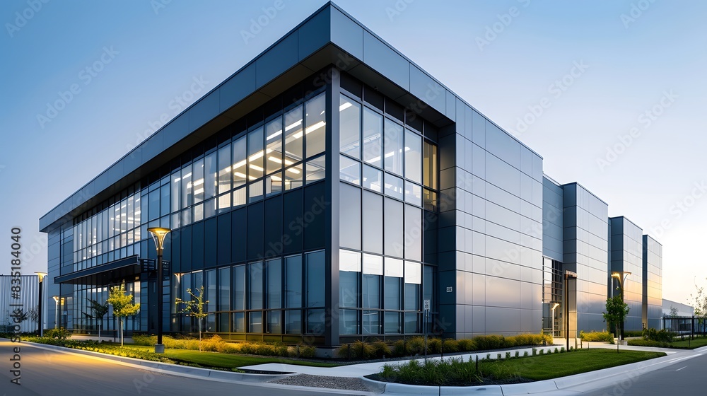 Obraz premium Exterior of a modern industrial building with sleek design and durable materials