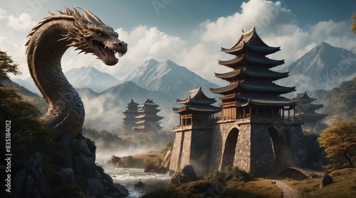 Game art dragon watching over an asian village