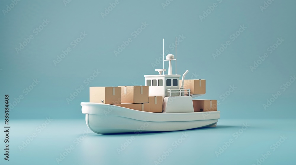 Minimalist image of miniature cargo ship carrying boxes over light blue background, symbolizing global shipping and logistics. 3D Illustration. Minimalist image of miniature cargo ship carrying boxes over light blue background, symbolizing global shipping and logistics. 3D Illustration.