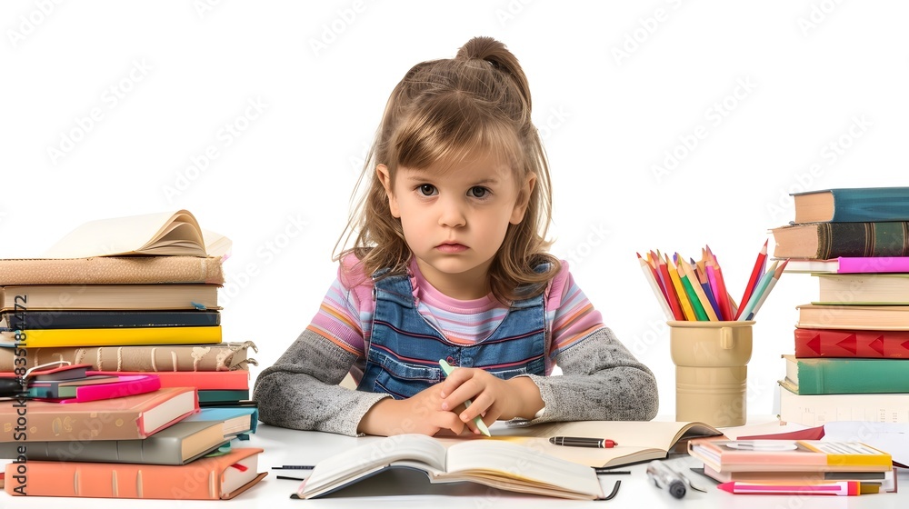 Diligent Student: Young Child Engrossed in Homework Surrounded by Books and Stationery Diligent Student: Young Child Engrossed in Homework Surrounded by Books and Stationery