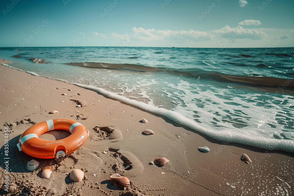Obraz premium Photorealistic image of a lifebuoy on a beach, with gentle waves approaching, surrounded by seaweed and small rocks, under a bright blue sky