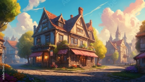 Beautiful illustration like a fantasy game showing a housing estate and a town
