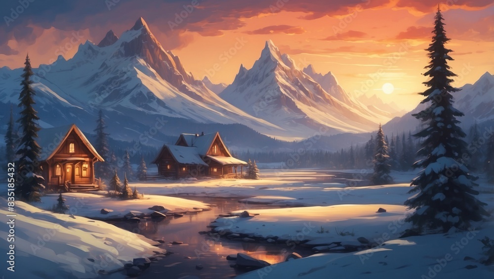 Fantasy landscape winter cottage in the mountains