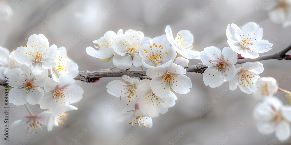 White Cherry Blossom Clusters on Light Gray Background: A Serene Spring Scene. Concept Cherry Blossoms, Spring, Light Gray Background, Serenity, Photography White Cherry Blossom Clusters on Light Gray Background: A Serene Spring Scene. Concept Cherry Blossoms, Spring, Light Gray Background, Serenity, Photography