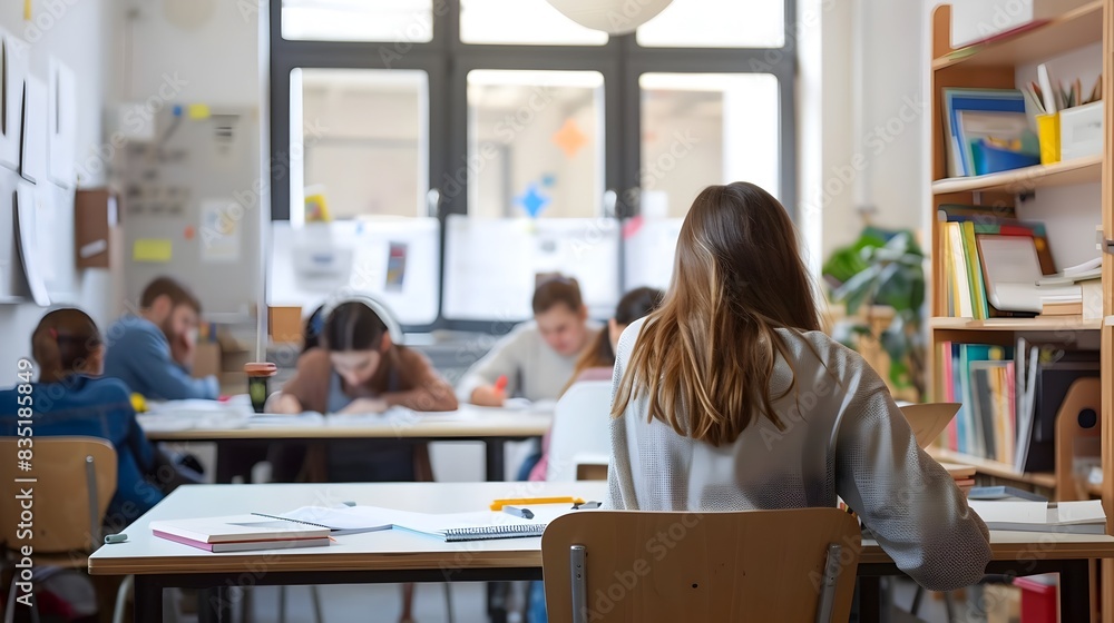 Dedicated Teacher Grading Papers in a Bright and Organized Classroom Dedicated Teacher Grading Papers in a Bright and Organized Classroom