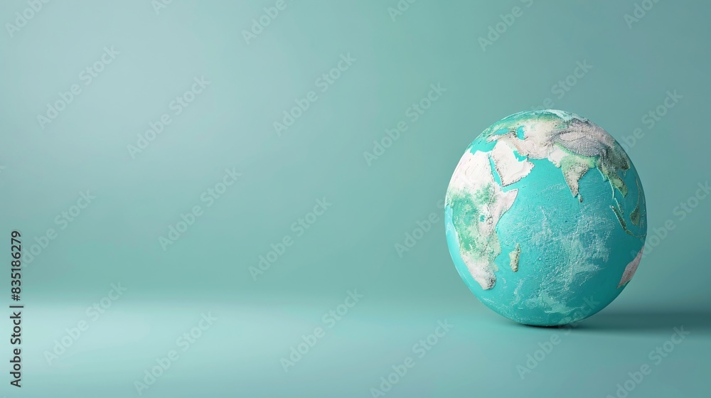 Minimalist globe on turquoise background representing global connections, travel, and environmental awareness. Space for text on the left. 3D Illustration. Minimalist globe on turquoise background representing global connections, travel, and environmental awareness. Space for text on the left. 3D Illustration.