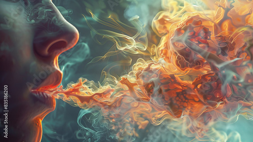 A close-up of a person blowing colorful, swirling smoke artfully depicting intricate patterns and vibrant hues, creating a surreal and whimsical visual effect.