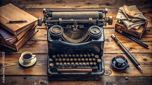 Vintage black typewriter surrounded by old letters and an inkwell on a wooden table , antique, retro, aged, vintage, writing, nostalgia, desk, communication, classic, old-fashioned