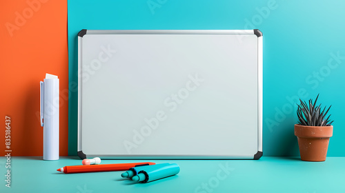 A white board sits on a table with a green and orange background