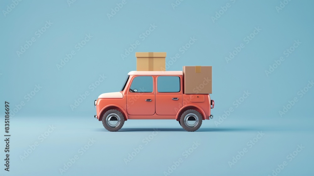 Fototapeta premium Minimalist orange car with boxes on top against a blue background. Creative transport concept for shipping and delivery services. 3D rendering. 3D Illustration.
