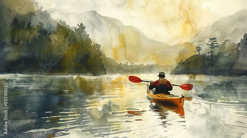 Man kayaking on a serene lake surrounded by mountains and trees, in a tranquil watercolor painting. photo