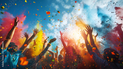  A group of individuals joyfully throwing colored powder in the air