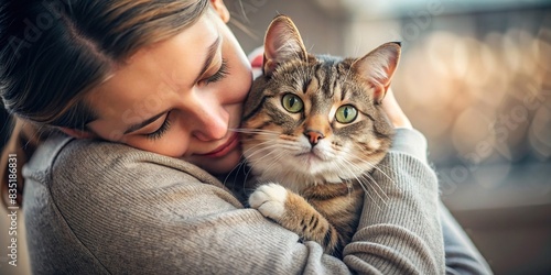 Portrait of a cat being lovingly hugged by its owner, feline, pet, embrace, cuddle, love, bond, affection, animal, companion, adorable, domestic, fur, whiskers, cute, cozy, comfort, friendship photo