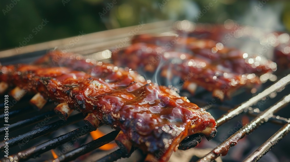 Grilled pork ribs cooking on a barbecue grill, with grill marks forming and barbecue sauce caramelizing, in a backyard barbecue setting. Grilled pork ribs cooking on a barbecue grill, with grill marks forming and barbecue sauce caramelizing, in a backyard barbecue setting.