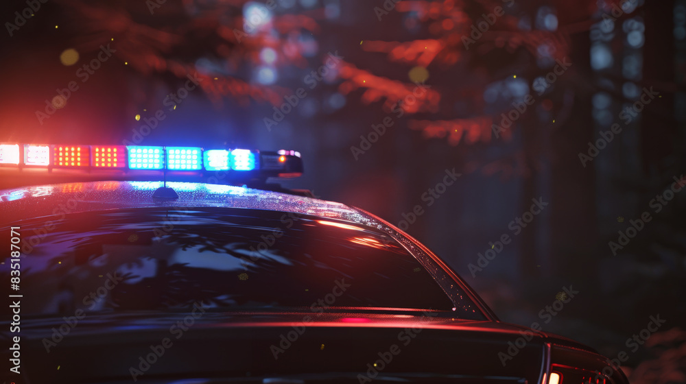Police Car with Flashing Lights at Night in Forest Police Car with Flashing Lights at Night in Forest