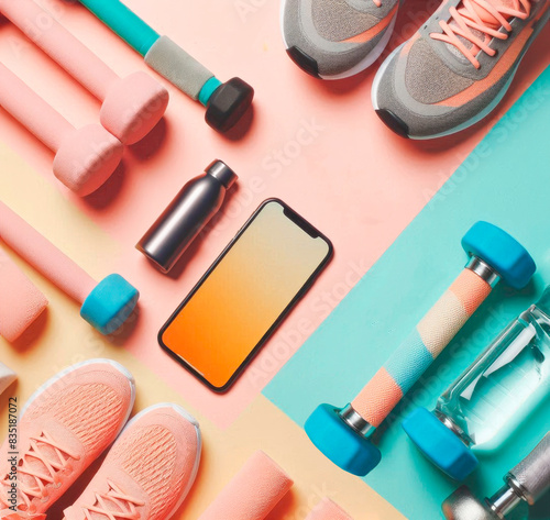 Flat lay composition with colorful fitness equipment, including shoes, water bottle, minimalism, copy space, neatly organized on a pastel backdrop