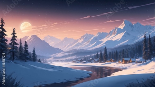 Landscape colorful illustration of winter mountains