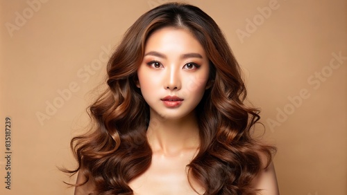 Pretty Asian beauty woman with curly long hair, Korean makeup, glowing face, and healthy skin on beige background , Asian, beauty, woman, curly hair, Korean makeup, glowing skin, healthy skin