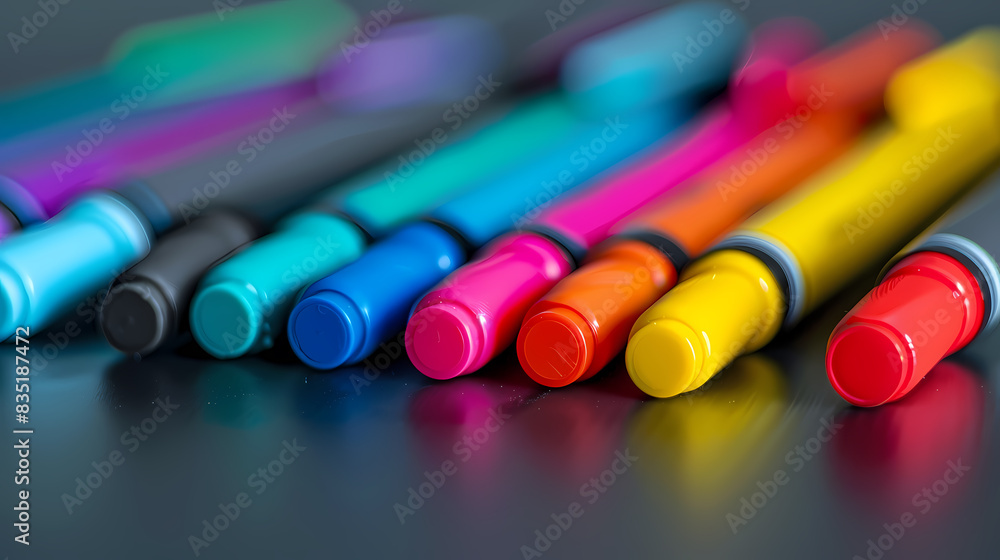 A bunch of colorful pens are lined up on a table A bunch of colorful pens are lined up on a table