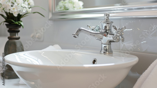 white sink with chrome faucet