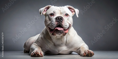 White American bulldog posing on a grey background, dog, animal, pet, portrait, breed, cute, canine, domestic, purebred, fur, adorable, friendly, mammal, obedient, loyal, playful, studio photo