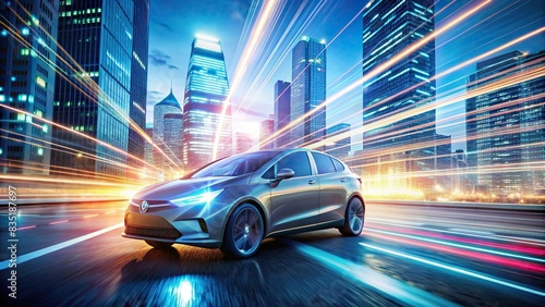 Abstract speed Business Start up launching product with Electric car and city concept Hi-tech communication innovation background, electric car, city, technology, innovation, speed, business photo