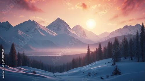 Landscape colorful illustration of winter mountains