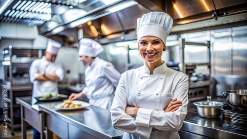 Smiling female chef with arms crossed in a restaurant kitchen , chef, female, smiling, arms crossed, restaurant, kitchen, chef uniform, professional, cooking, culinary, happy, confident