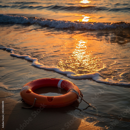 Photorealistic image of a lifebuoy on a beach, with gentle waves approaching, surrounded by seaweed and small rocks, under a bright blue sky