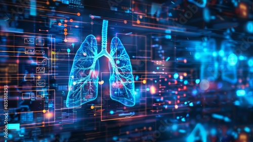 The lungs with the results of an analysis of the data shows a concept of medical technology in health care