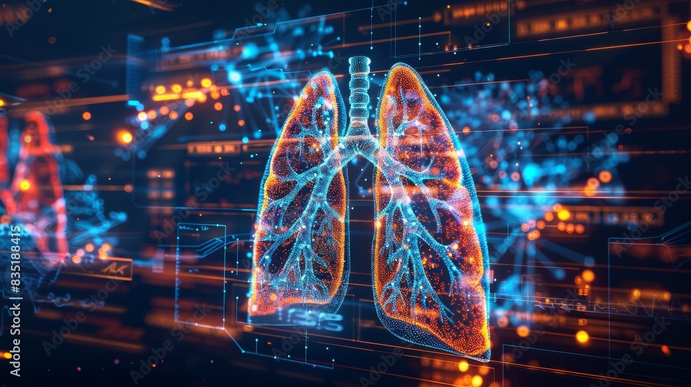 Obraz premium The lungs with the results of an analysis of the data shows a concept of medical technology in health care