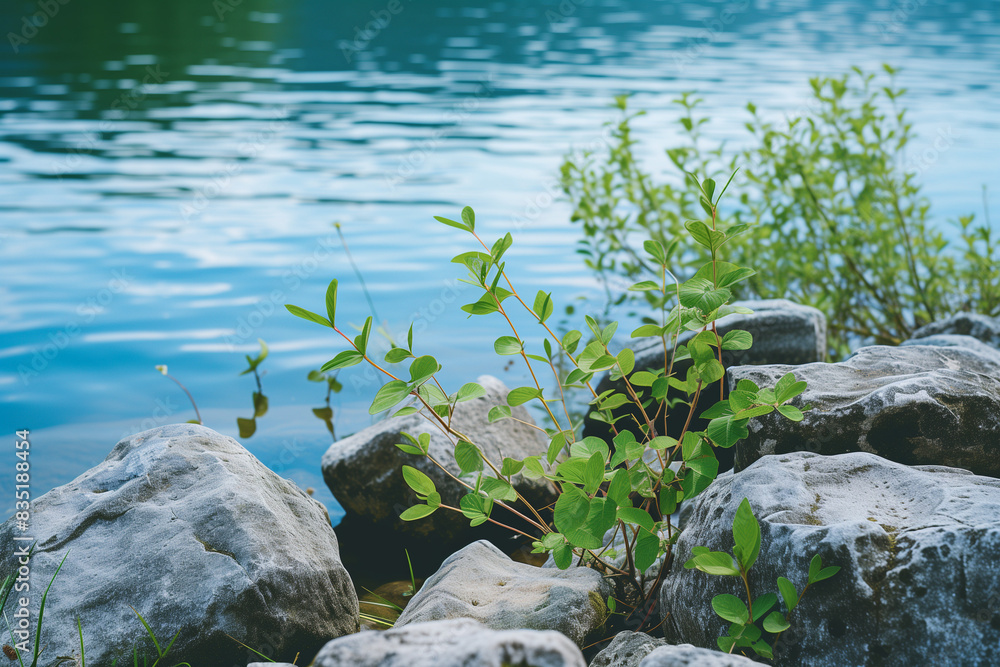 Greenery sprouting amidst rocks beside a calm lake.



