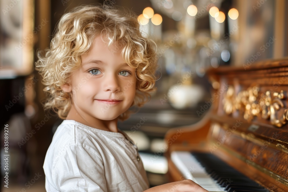 a young boy playing the piano, intense concentration on his face, dynamic pose with fingers gracefully on the keys. The background is an elegant concert hall, soft light from chandeliers, a young boy playing the piano, intense concentration on his face, dynamic pose with fingers gracefully on the keys. The background is an elegant concert hall, soft light from chandeliers,