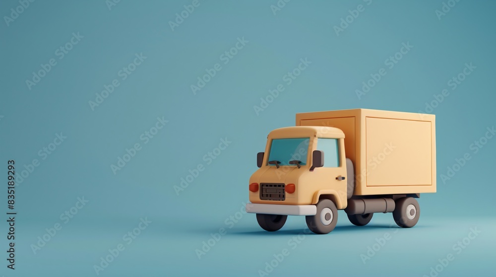 Fototapeta premium Minimalistic image of a toy delivery truck on a light blue background, ideal for ecommerce, logistics, or transportation themes. 3D Illustration.