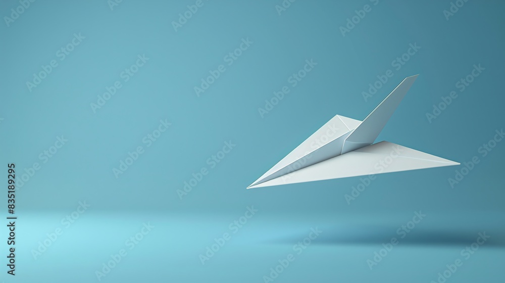 Minimalistic image of a white paper airplane flying against a light blue background, symbolizing simplicity, creativity, and childhood. 3D Illustration. Minimalistic image of a white paper airplane flying against a light blue background, symbolizing simplicity, creativity, and childhood. 3D Illustration.