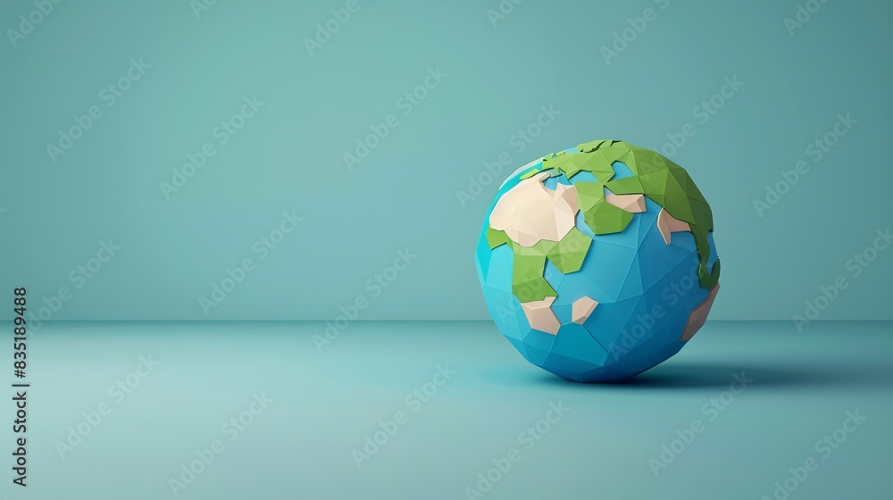 Minimalistic low-poly globe with ocean and landmasses on turquoise backdrop representing global concept, environment, and geography. 3D Illustration. Minimalistic low-poly globe with ocean and landmasses on turquoise backdrop representing global concept, environment, and geography. 3D Illustration.