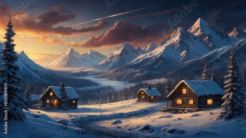 Fantasy landscape winter cottage in the mountains photo