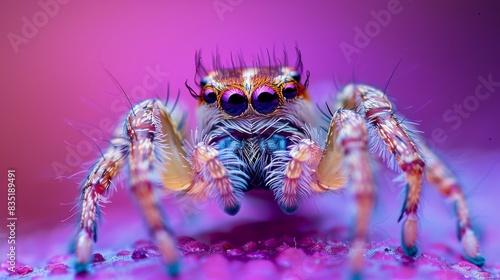 Detailed close-up of a hairy-legged spider on a plain purple background - up close and personal with nature's creepiest critters, Created with Generative AI. photo