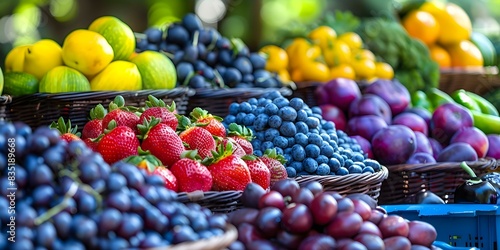 Colorful display of fresh fruits and vegetables at a vibrant farmers market stall. Concept Farmers Market, Fresh Produce, Vibrant Display, Colorful Fruits, Vegetables