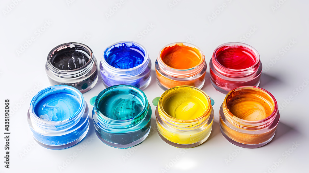 A row of paint cans with different colors, including red, yellow, and blue A row of paint cans with different colors, including red, yellow, and blue