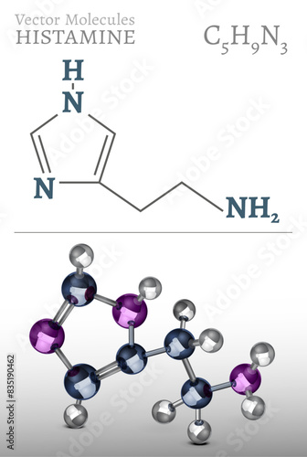 Histamine molecule structure in 3D style. Medical vector illustration