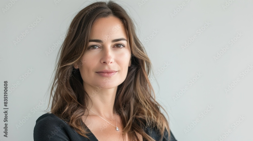 Confident young woman with long brown hair posing with crossed arms against white background in fashion beauty photo shoot Confident young woman with long brown hair posing with crossed arms against white background in fashion beauty photo shoot