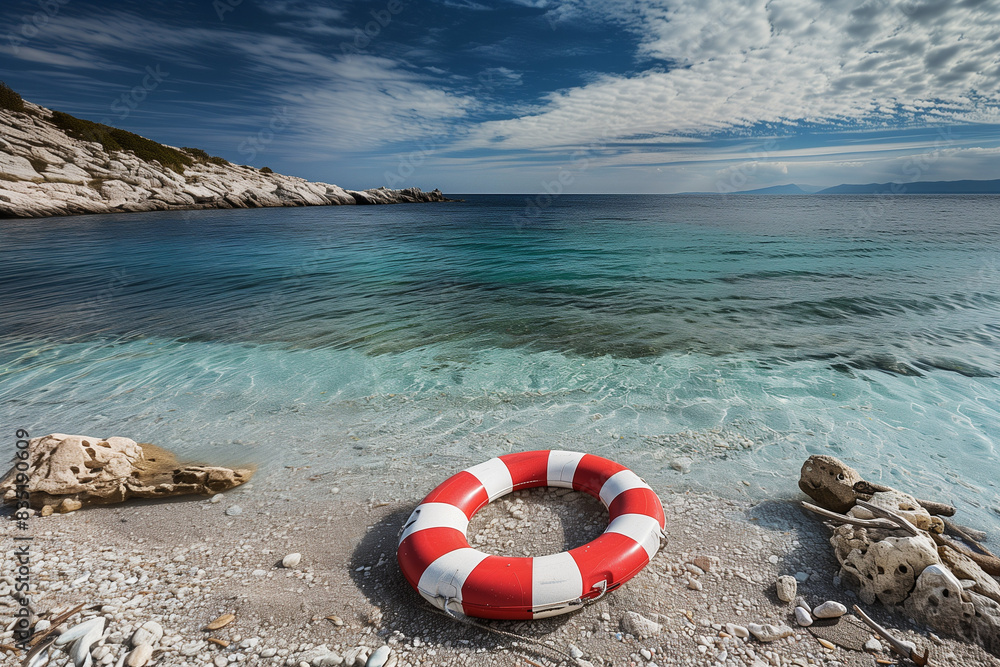 Naklejka premium Photorealistic image of a lifebuoy on a beach, with gentle waves approaching, surrounded by seaweed and small rocks, under a bright blue sky