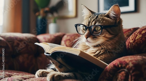 A cute cat wearing reading glasses and sitting on the sofa reading a book.