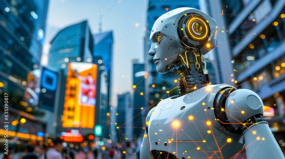 color photo of: a humanoid robot in a futuristic setting sleek and polished metallic body, exuding a sense of advanced technology, articulated limbs, allowing for fluid and precise movements, glowing color photo of: a humanoid robot in a futuristic setting sleek and polished metallic body, exuding a sense of advanced technology, articulated limbs, allowing for fluid and precise movements, glowing
