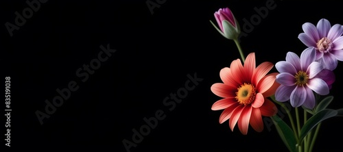 Close-up on beautiful blooming flowers  with a free area for adding text  isolated black background