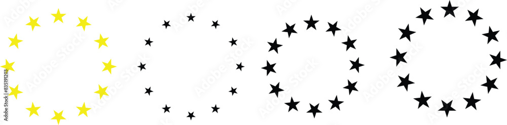 Stars of various sizes arranged in a circle. Round frame, border. Design element, ornament. Black star shape, simple symbol. Vector illustration eps 10. Stars of various sizes arranged in a circle. Round frame, border. Design element, ornament. Black star shape, simple symbol. Vector illustration eps 10.
