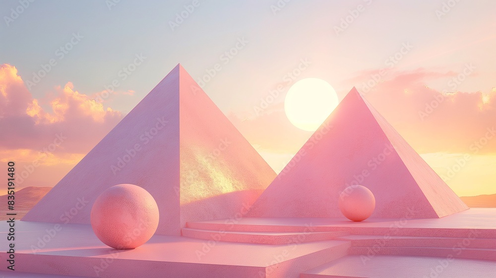 Vertical Image Of A Pyramid With A Sphere On The Ground.