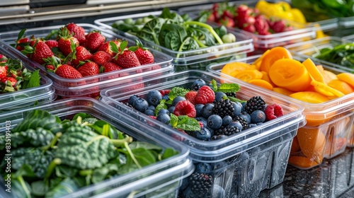 Row of plastic containers filled with colorful berries, vibrant vegetables, and leafy greens, showcasing a fresh market display